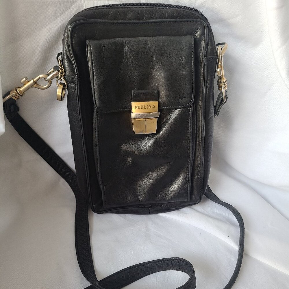 PERLINA New York Soft Black Leather Crossbody Organizer Handbag